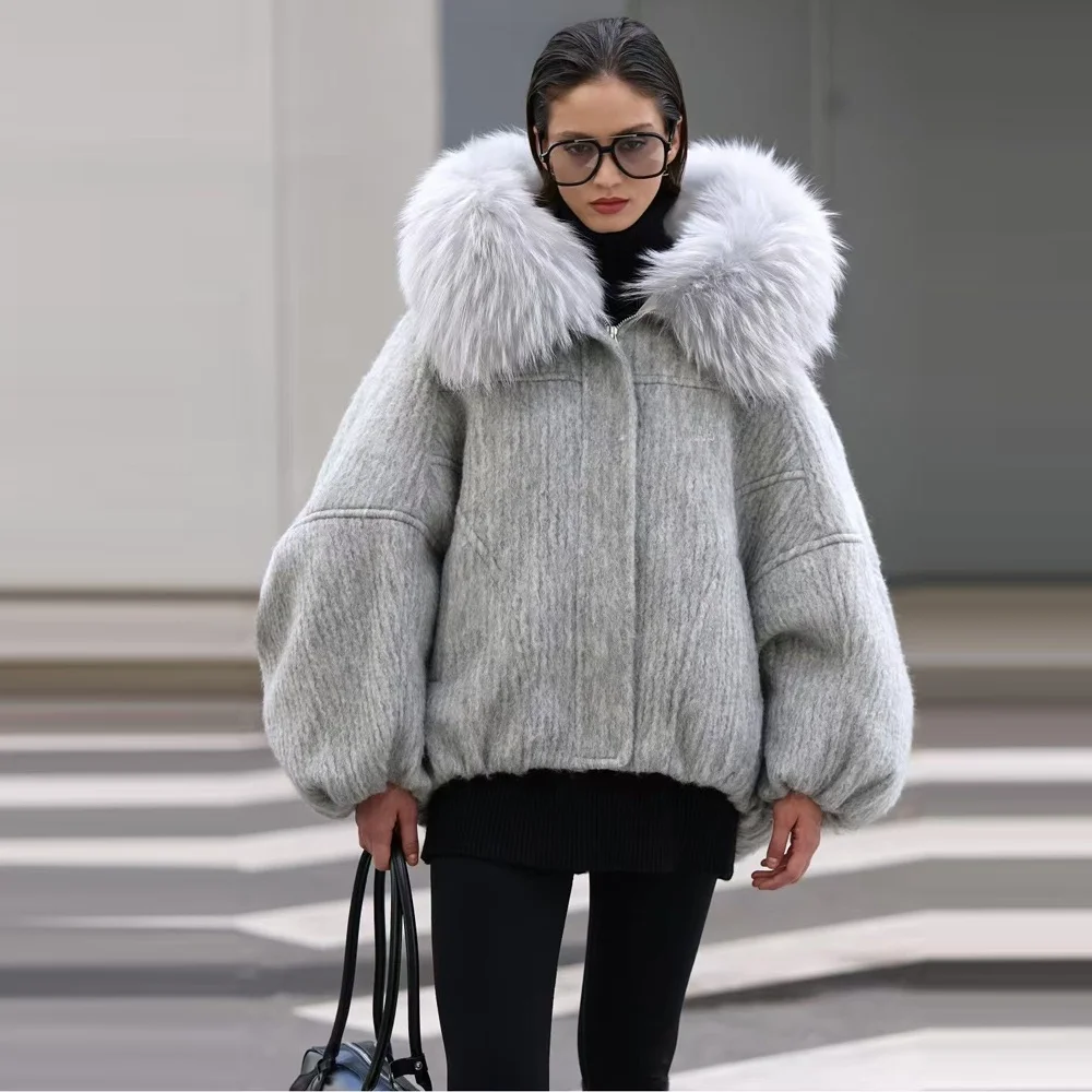 Manteau en laine à col en fourrure Jaet pour femme, chaud et décontracté, coupe régulière, remplissage en duvet d'oie blanche, nouvelle collection 2025