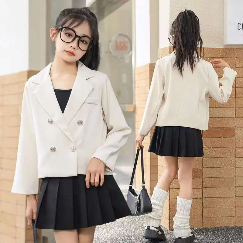 Autumn Girls short Blazer coat White black Fashion 4-15 kid Double breasted suit jacket veste pour enfant casaco infantil menina