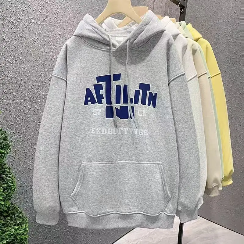 المألوف الخريف والشتاء مقنعين البلوز المرأة فضفاضة طويلة الأكمام المخملية سميكة الدافئة عارضة المطبوعة السترة