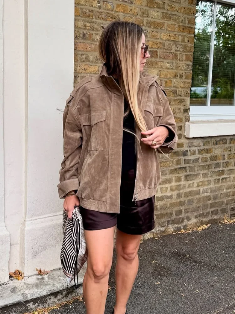 

Casual Suede Zipper Cropped Jacket Women Solid Stand Collar Full Sleeve Pocket Loose Jackets 2025 Autumn Lady Commuter Outwear