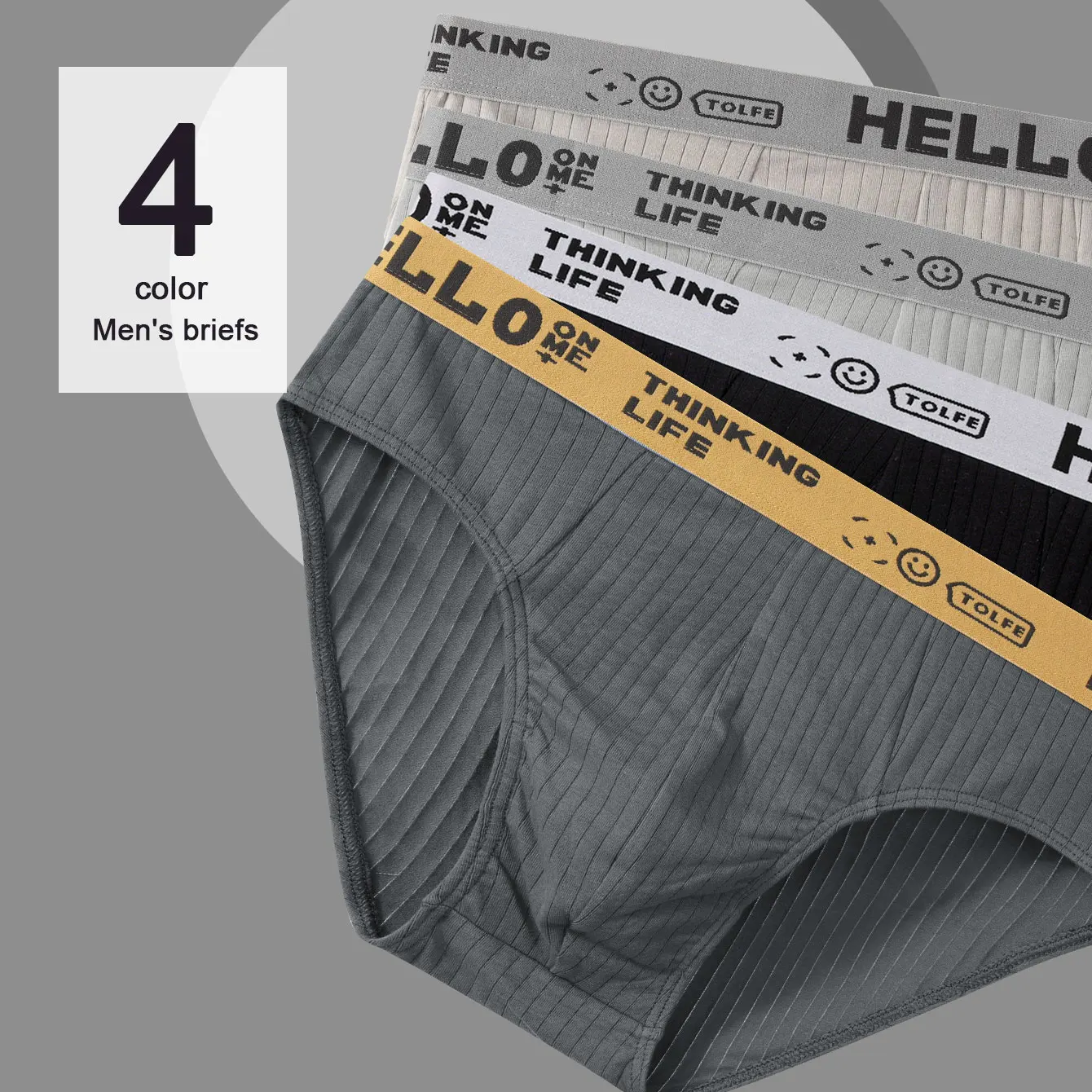 4er-Pack Baumwoll-Slips für Herren – „HELLO“ und „THINKING LIFE“-Bund, 4 Farben