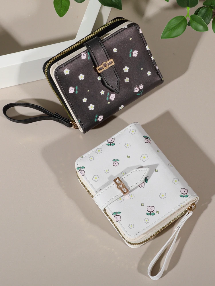 Flower patterned credit card holder for women or men\'s small card case with zipper hand-held wallet