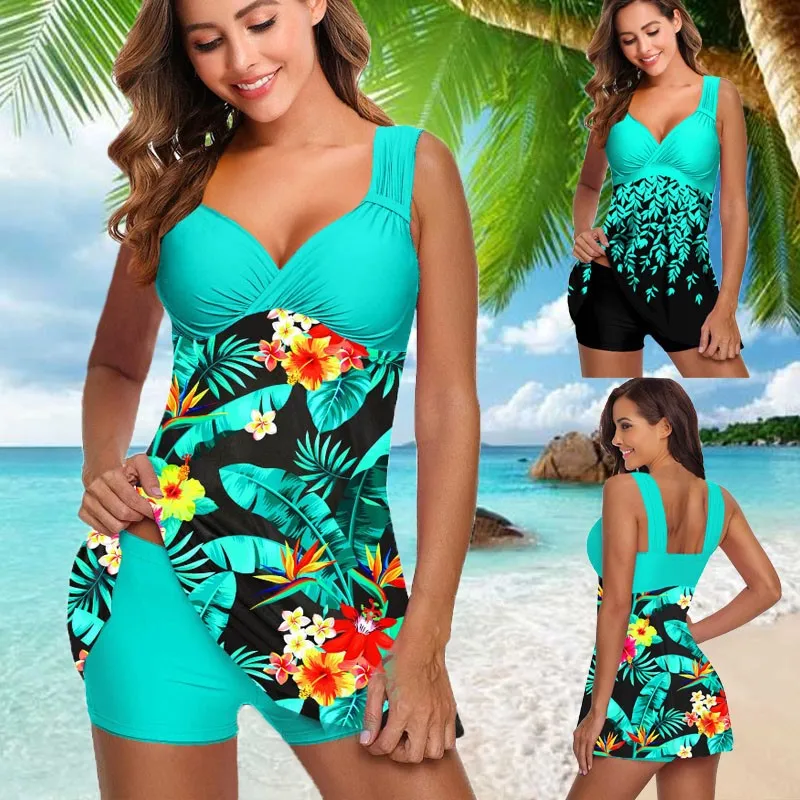 Swimsuits Swimwear Women Flower Print Summer Large Bathing Suits Tankini Beachwear Sexy Bikini Swimdress