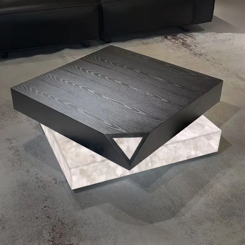 Rotating coffee table black walnut wood powder jade white jade blue jade Italian minimalist living room tea table stone
