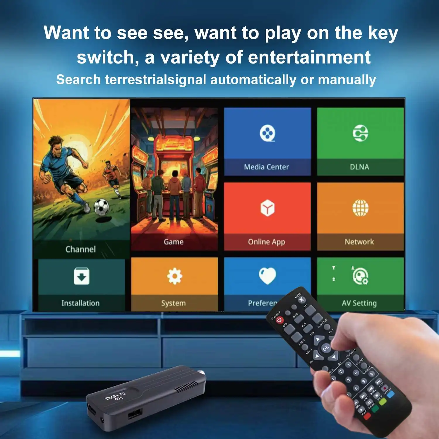 Portable DVB-T2 Digital TV Stick with 1000+ Built-in Retro Games, Plug & Play for Travel, CE/FCC Certified receptor