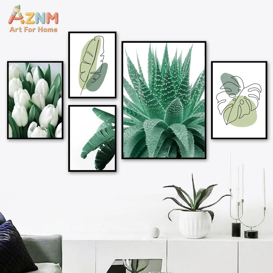 AZNM Sage Green Tropical Plant Tulip Canvas Print Monstera Aloe Leaf One Line Woman Abstract Minimalist Wall Poster Unframed Boh
