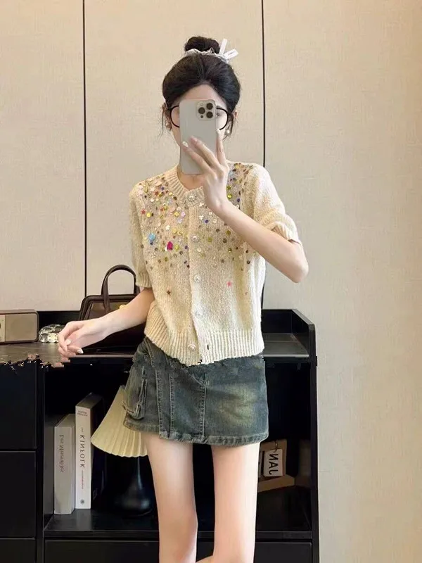 2024 Spring Summer Sweet Short Sleeved Sequin Knitted Sweater Women\'s Round Neck Cardigan 100% Cotton Loose Tops F008