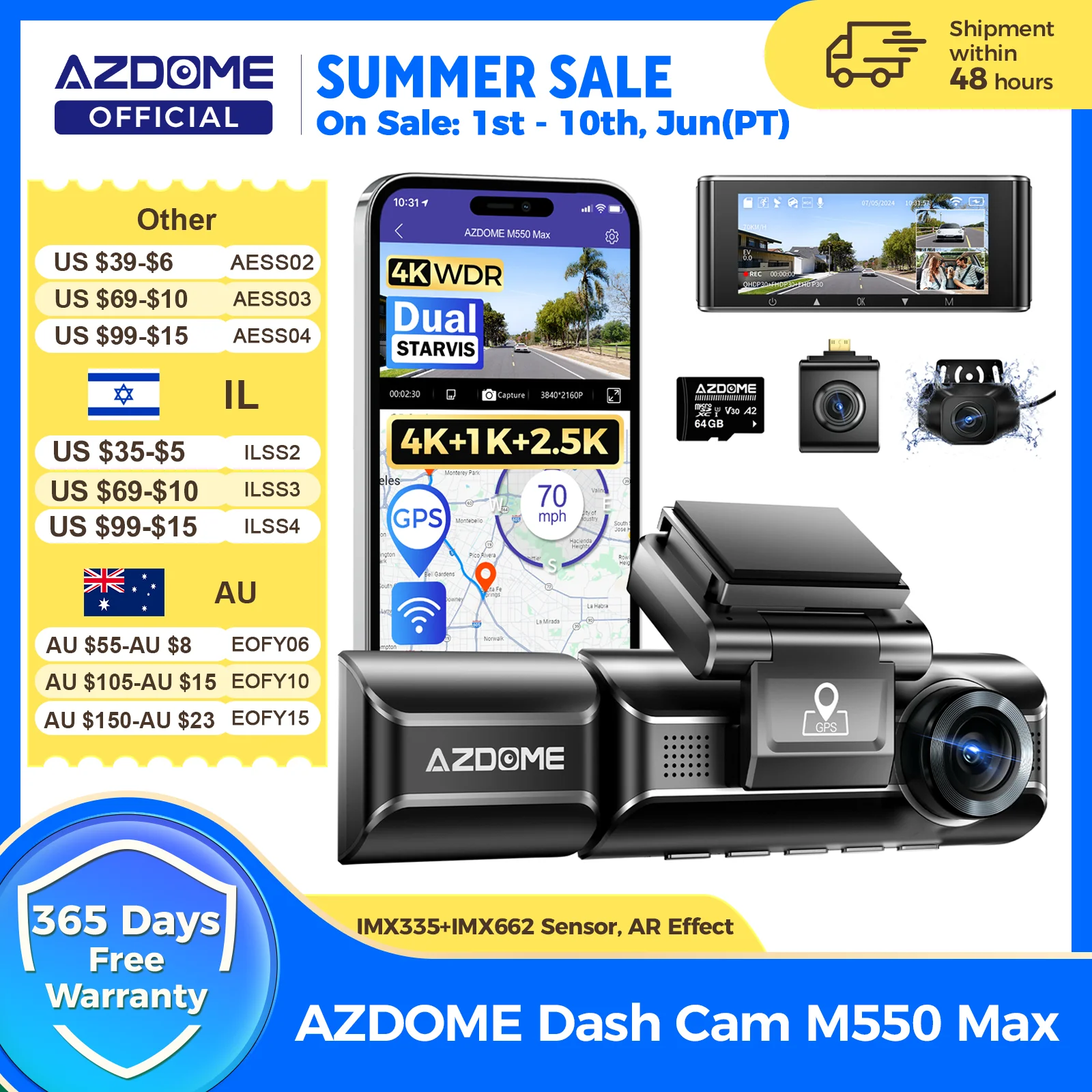 AZDOME 4K Dash Cam M550 Max Wbudowana kamera GPS Wifi Rejestrator samochodowy 3,18-calowy ekran Night Vision 24H Monitor parkowania Obsługa tylnej kamery