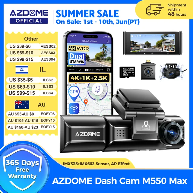 AZDOME 4K Dash Cam M550 Max Wbudowana kamera GPS Wifi Rejestrator samochodowy 3,18-calowy ekran Night Vision 24H Monitor parkowania Obsługa tylnej kamery