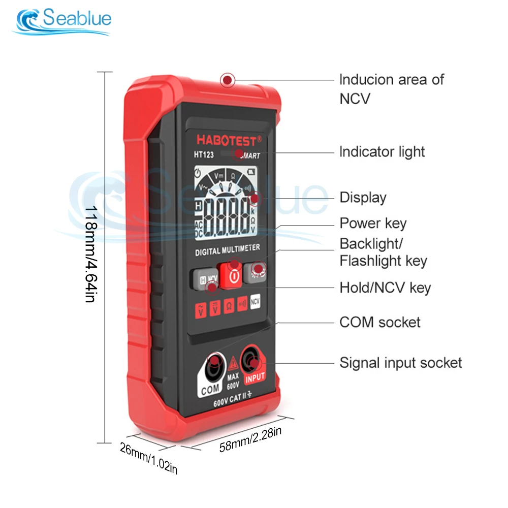 HT123 inteligentny cyfrowy multimetr AC/napięcie prądu stałego Tester pomiaru ciągłości rezystancji NCV multimetr 2000 liczy się z podświetleniem