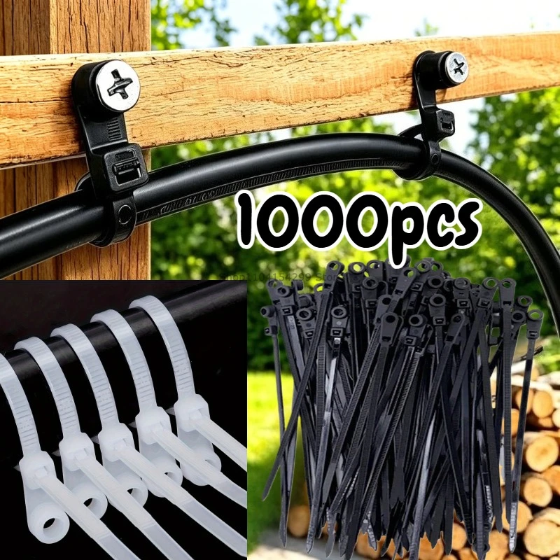 100-1000PCS Screw Hole Cable Ties Nylon Cable Ties Reusable Fixed Self-locking Cord Ties Straps Fastening Loop Office Organizer