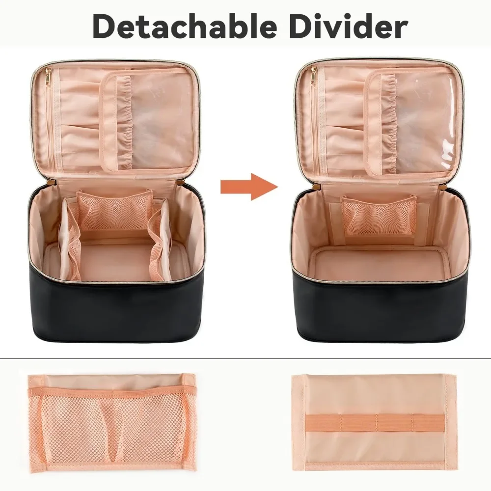 حقيبة مستحضرات التجميل الكبيرة للسفر للسيدات - منظم جلدي مقاوم للماء مع حامل فرشاة وفواصل