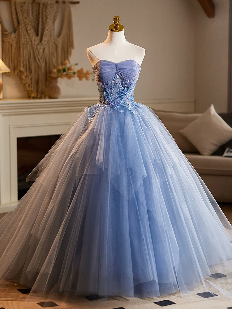 

Blue Strapl Evening Gown Women's Ball Gown Princ Skirt Lightweight Wedding Dr Puffy Skirt Korean Sle Glass Diamond...