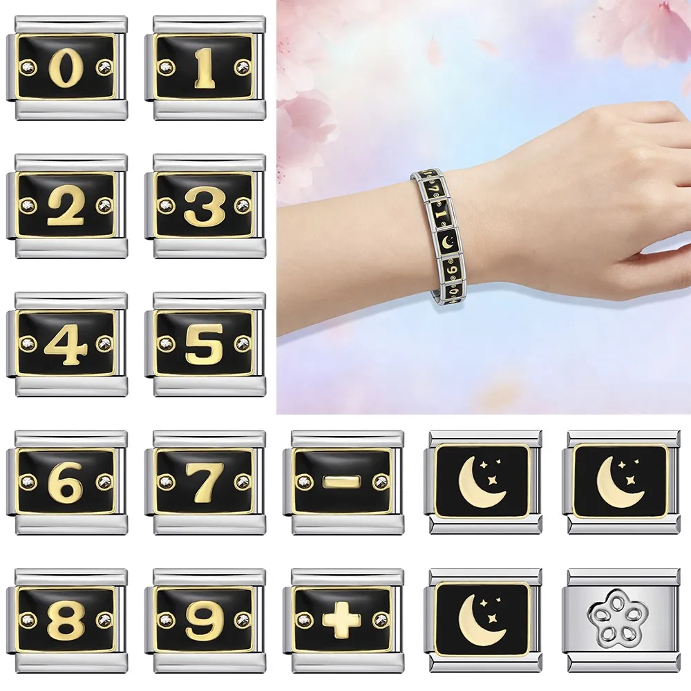 Links Fit 9mm Silver Stainless Steel Bracelet DIY Jewelry Black Glaze Inlaid Zirconia Gold Color Figure Number Italian Charm