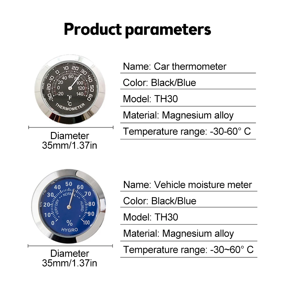 TH30 Mini Round Car Dashboard Thermometer Humidity Gauge Vehicle Thermometer Decoration Temp Monitor Meter Analog Hygrometer