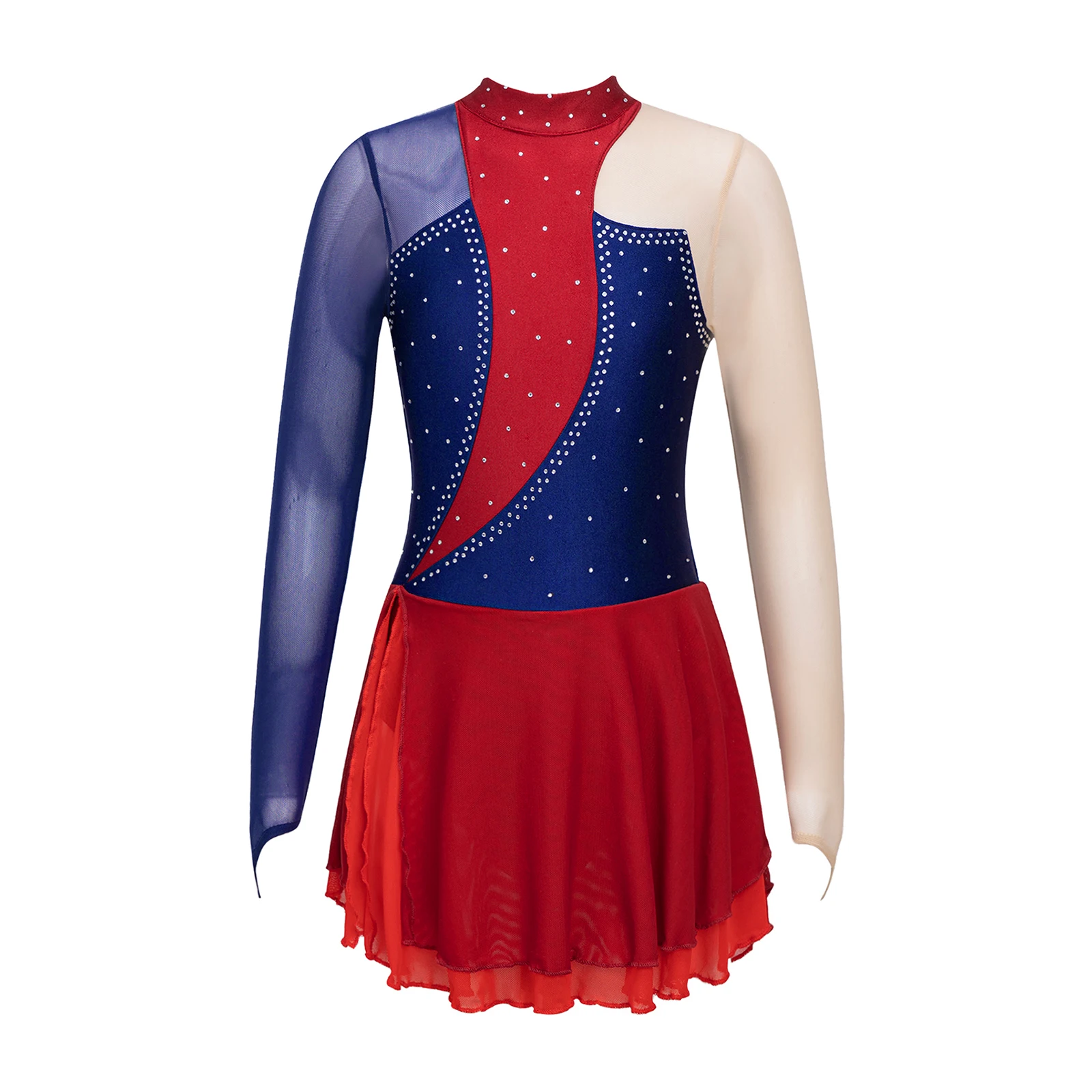 Kids Girls Figure Skating Dress Shiny Rhinestone Long Sleeve Ballet Dance Dress Gymnastics Leotards Performance Dancing Costumes