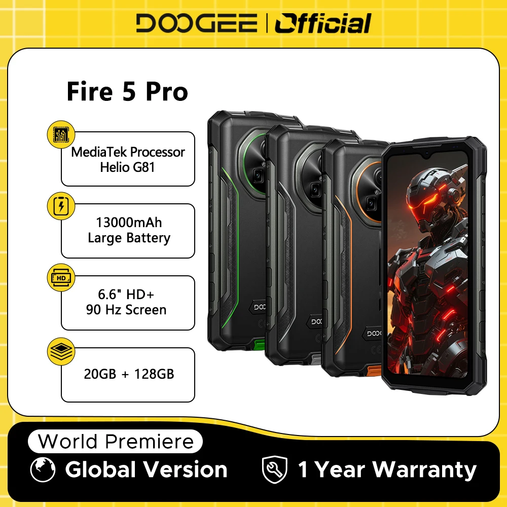 DOOGEE Fire 5 Pro Rugged Phone MTK Helio G81 13000mAh Large Battery 24GB+128GB 6.6