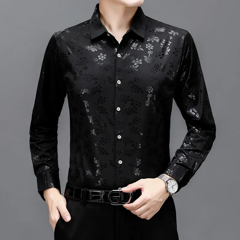 

2024 Autumn Tops Black Gentleman Gents Casual Shirts Business Mens Clothing Large Sizes Fashion Work Office Wear Husband Dress