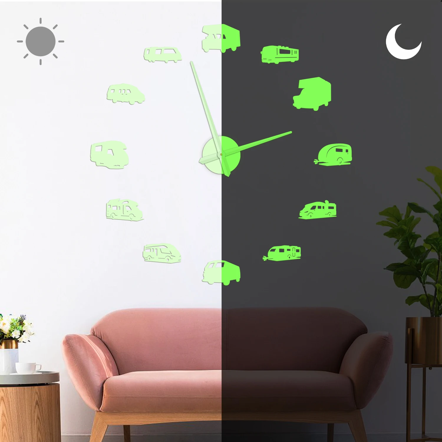 Luminous RV Camper Motorhome DIY Wall Clock Glow in Dark RV Travel Road Trip Camper Van Wall Clock with Glowing Numerals Hands view 4