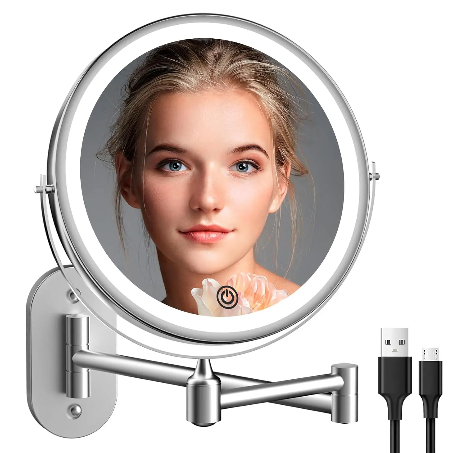 Rechargeable Wall Mounted Lighted Makeup Mirror 8 Inchmagnifying Bathroom Mirror with 3 Color Lights, 360 °   Swivel Vanity Mirror