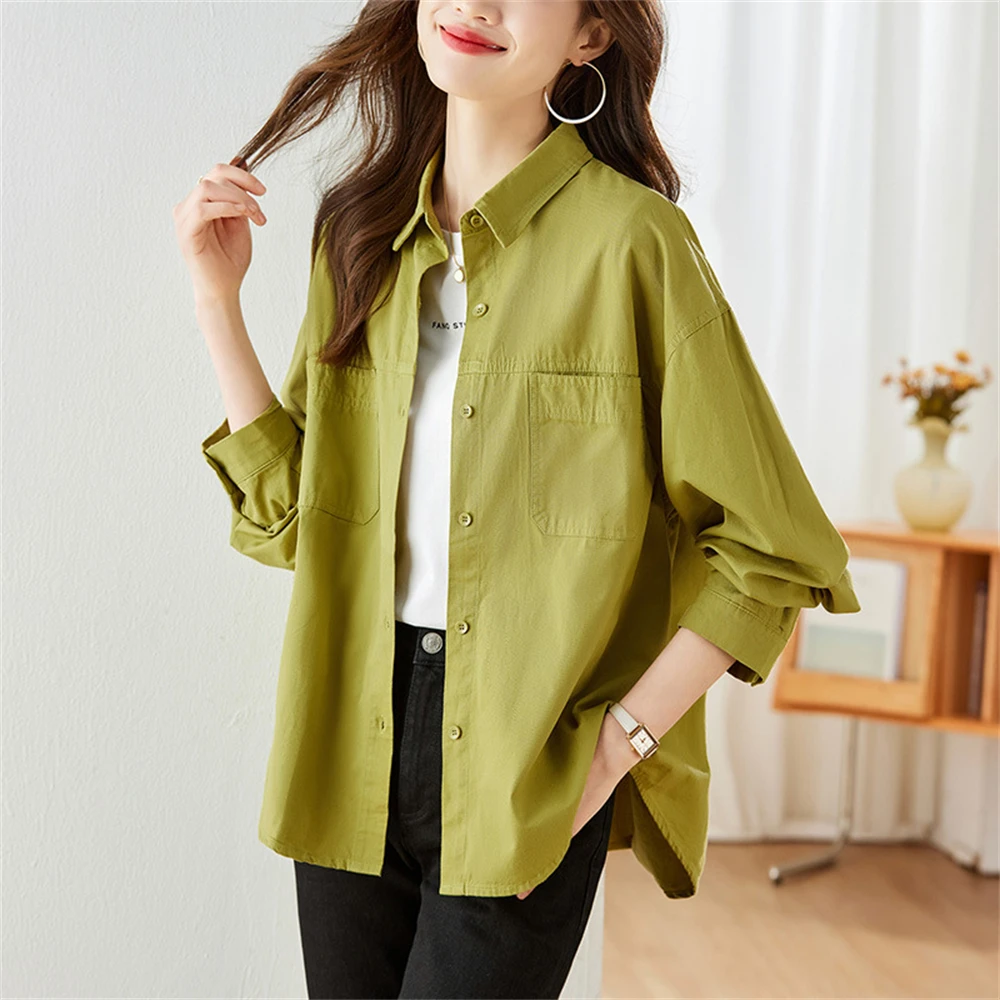 Cotton Solid Color Shirt Coat Women's Autumn New Retro Long-sleeved Blouse Office Ladies Fashion Temperament Loose Tops Femme