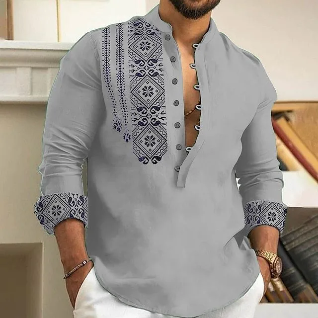 Men Stand Collar Long Sleeve Pullover Shirt Slim Fit Bamboo Cotton Geometric Print Digital Print Ethnic Motif Cuff Detail Light