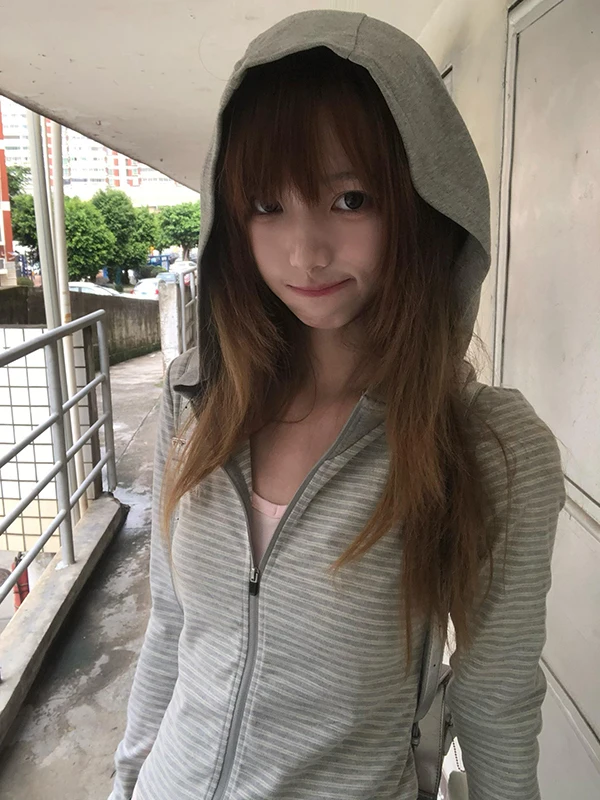 Tonngirls Y2k اليابانية هوديس المرأة طويلة الأكمام مخطط البلوز الشارع الشهير الأمريكية مخطط هوديس مع سحاب E-الفتيات #2