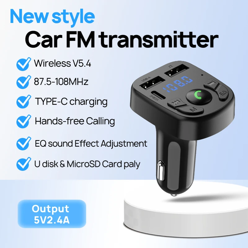 Portable Bluetooth V5.4 Car Bluetooth Mp3 Player Suitable for 12-24V Vehicles, Dual USB Car Charger with 5V2.4A Output, Type-C Port, Car Fm Transmitter, Supports Hands-Free Calling and Music Playback