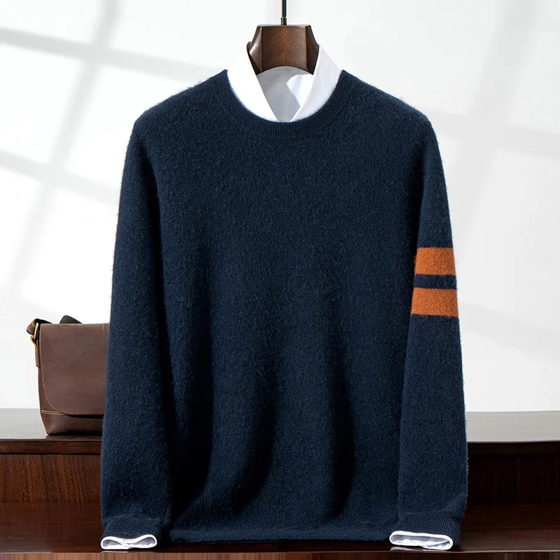 

100% Cashmere Men's Sweater New Round Neck Thickened Warm Casual Knitwear Classic Versatile Color Block Sleeve Men's Clothing