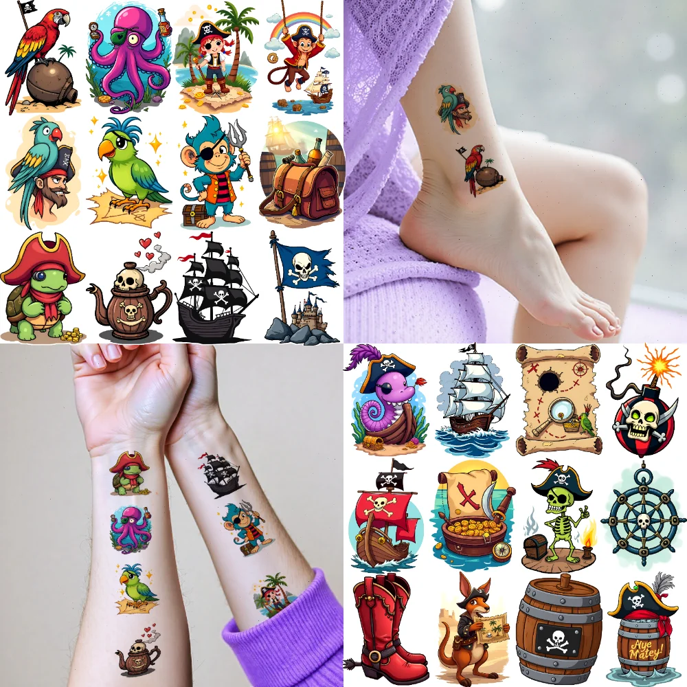 

63pcs Temporary Tattoo Pirate Map Temporary Tattoo Stickers Skull And Crossbones Pirate Ship For Girls Arms Cheeks