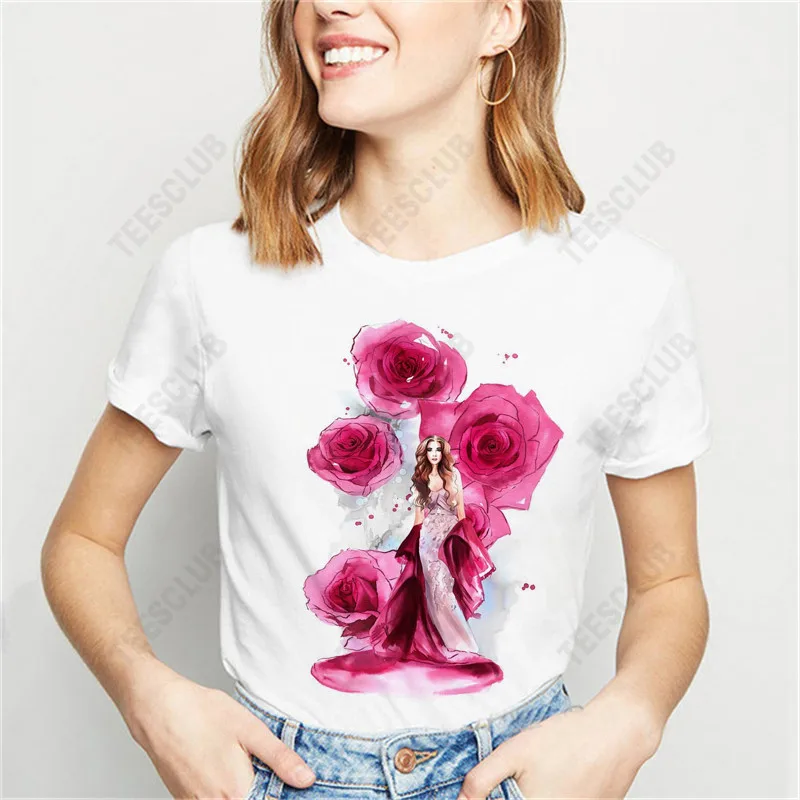 Watercolor Rose Beauty Woman Graphic Women T Shirt Summer Casual Short Sleeve Tee