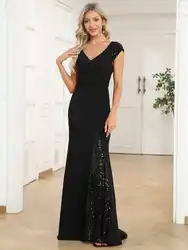 Elegant Evening Dresses Sleeveless Deep V Neck Floor Length 2024 Ever Pretty of Fishtail Shiny Black Bridesmaid Dresses