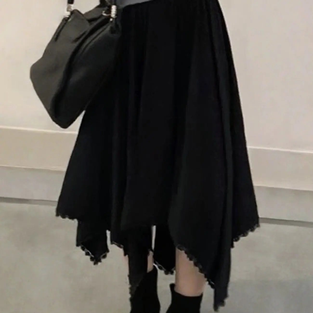 

Spring New Style Women's High Waist Lace Hem Asymmetrical Skirt Elastic Loose Fit Midi Skirt Cotton Blend Fabric Daily Wear