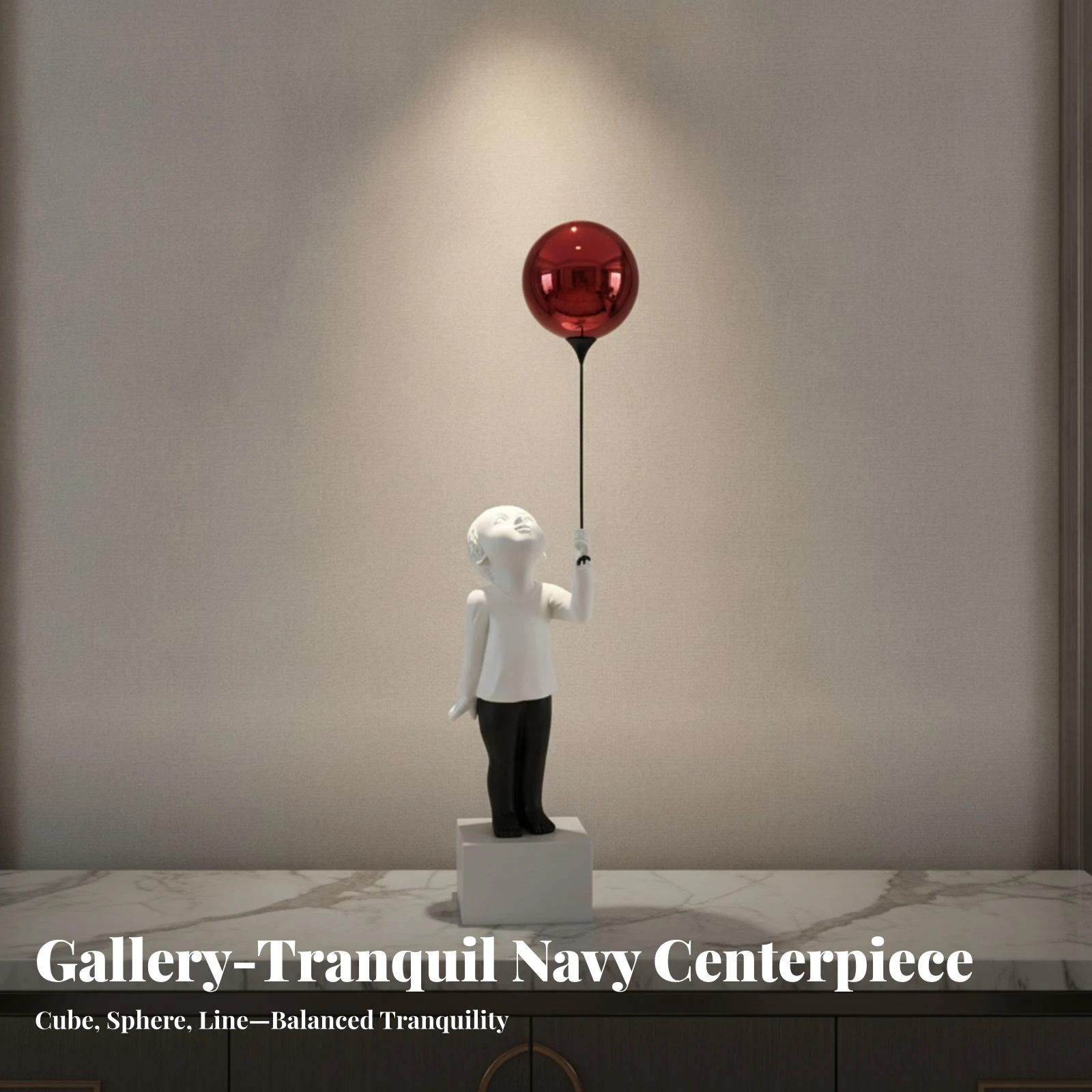 Boy Figurine with Balloon Whimsical Boy Sculpture with Marble Base Tabletop Sculpture Playful Character Statue Nordic Style