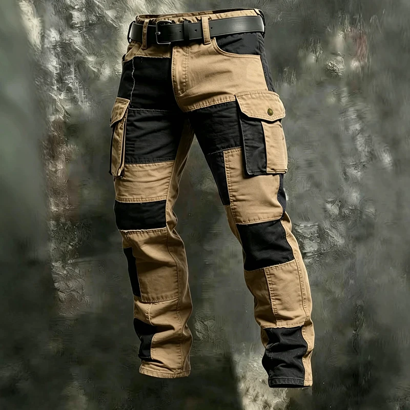 Stylish Contrast Color Cargo Pants For Men Autumn Daily Casual Patchwork Loose Trousers Mens Vintage Multi Pocket Straight Pants