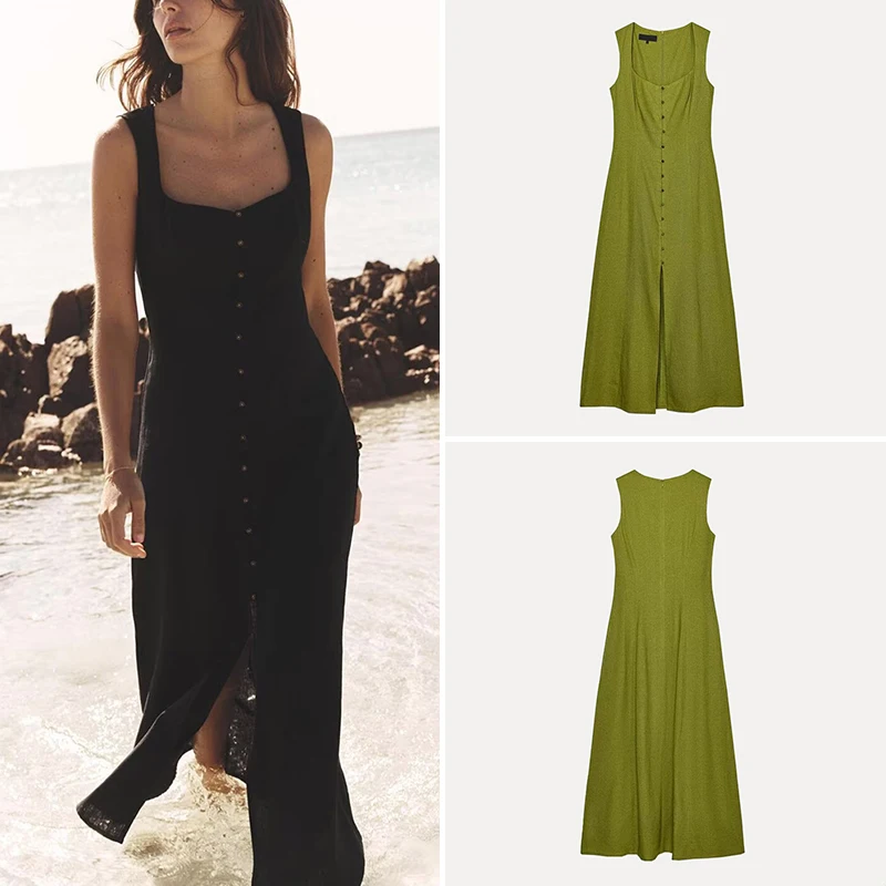 Faionable Versatile Linen Midi Dr Women's Summer New Sle Dr Z Brand Svel Gown for Daily Wear