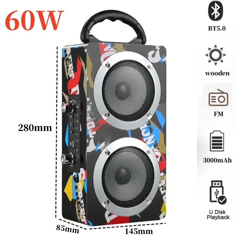 

60W Power Portable Bluetooth Speaker Wireless Subwoofer Home Theater HiFi Stereo Boombox FM Radio Music Center Outdoor Sound Bar