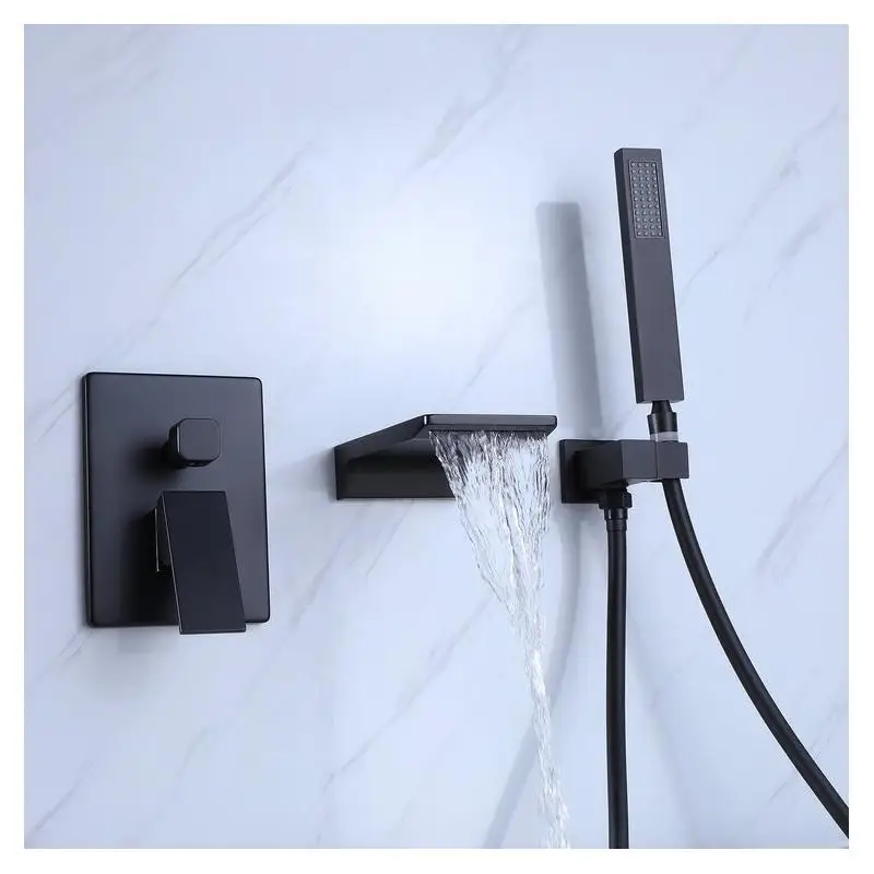 매트 블랙 벽걸이 욕조 수전 (핸드헬드 샤워 포함), 황동 재질, 고유량 폭포형 스파우트 (욕조용)