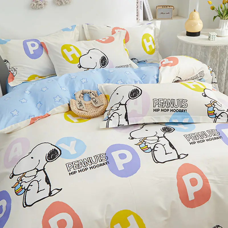 Genuine Snoopy 100% Cotton 4pcs Set Children's Cotton Washed Quilt Cover Bed Sheet Pillowcase 3pcs Set