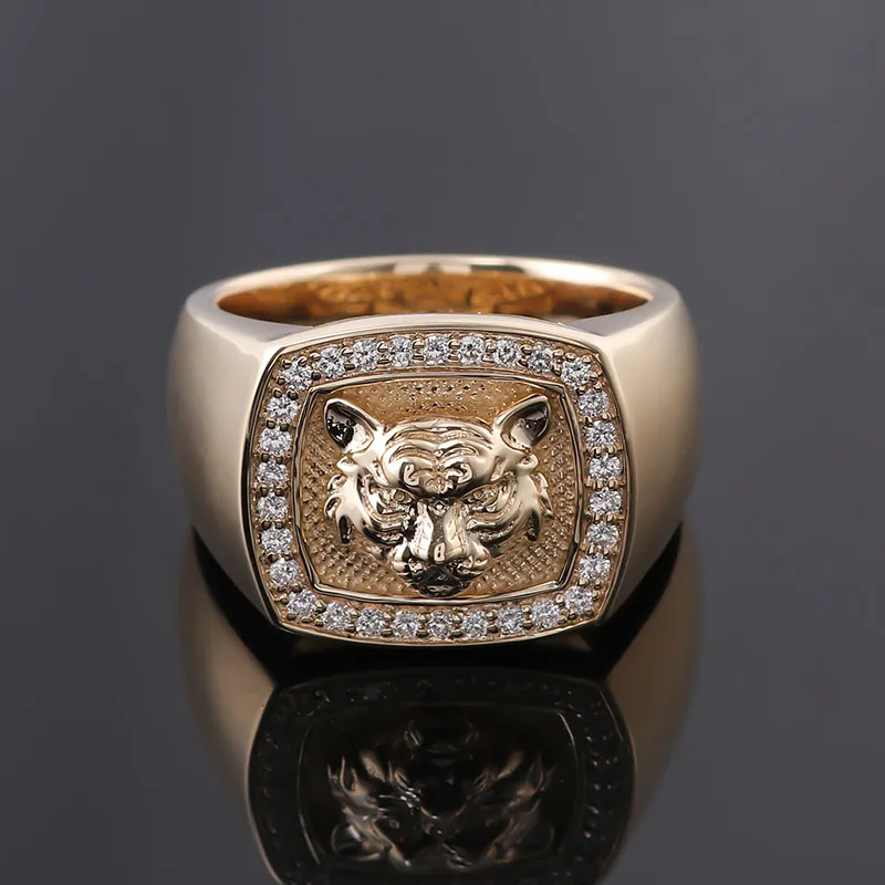 Provence Men's Tiger Head Ring 14k gold Signet Animal Ring  Statement Ring Tiger DEF/VS Lab diamond Father's Day Gifts Custom