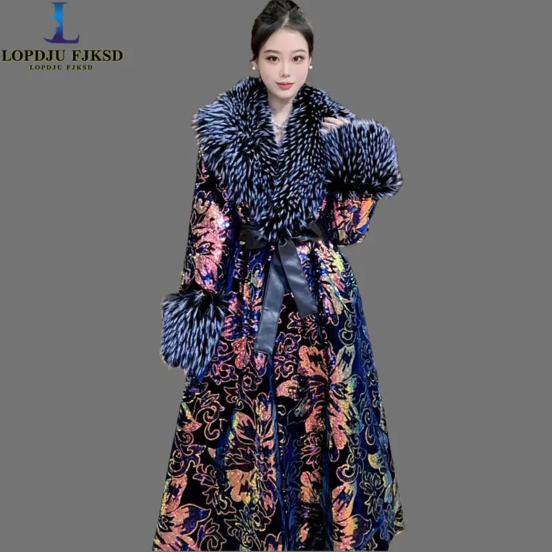 Faux Fur Coat for Women,Single Breasted Jacket,Fox Fur Collar Outwear,Adjustable Waist,Sequins,Autumn and Winter,2025