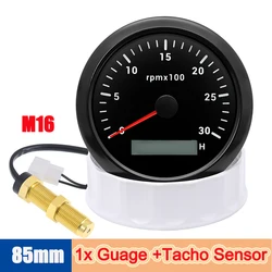 85mm Waterproof Car Boat Tachometer with Tacho Sensor M16/M18 Signal Adapter 3000rpm Speed Guage Motorcycle LCD RPM Meter Tach