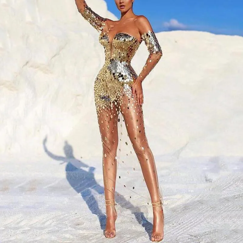 Summer 2024 Sexy Sequin One Shoulder Mesh See through Long Evening Dress Women's Elegant High Waist a Line Skirt Style Dress