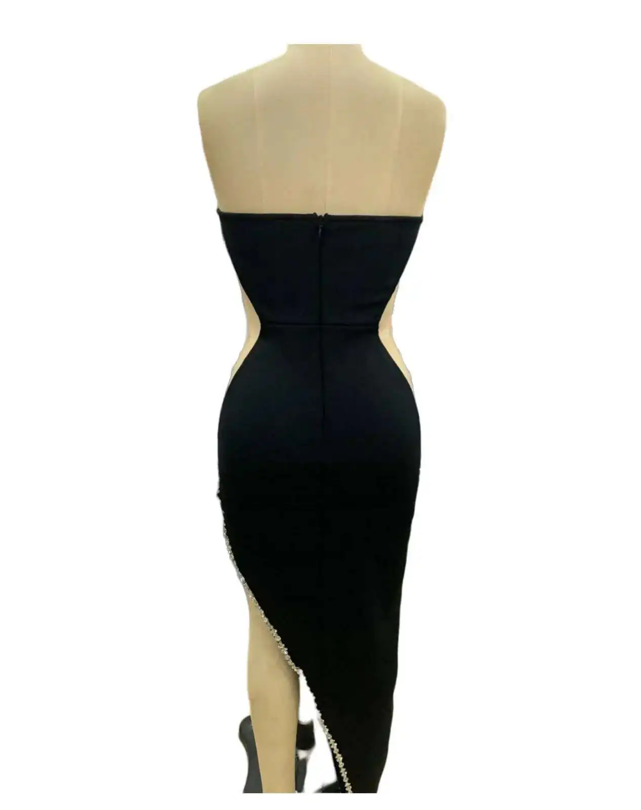 LEOSOXS 2025 New Black Strapless Evening Dress With High Slit, Rhinestone Embellishments, Bodycon Fit, See-through Mesh Panels