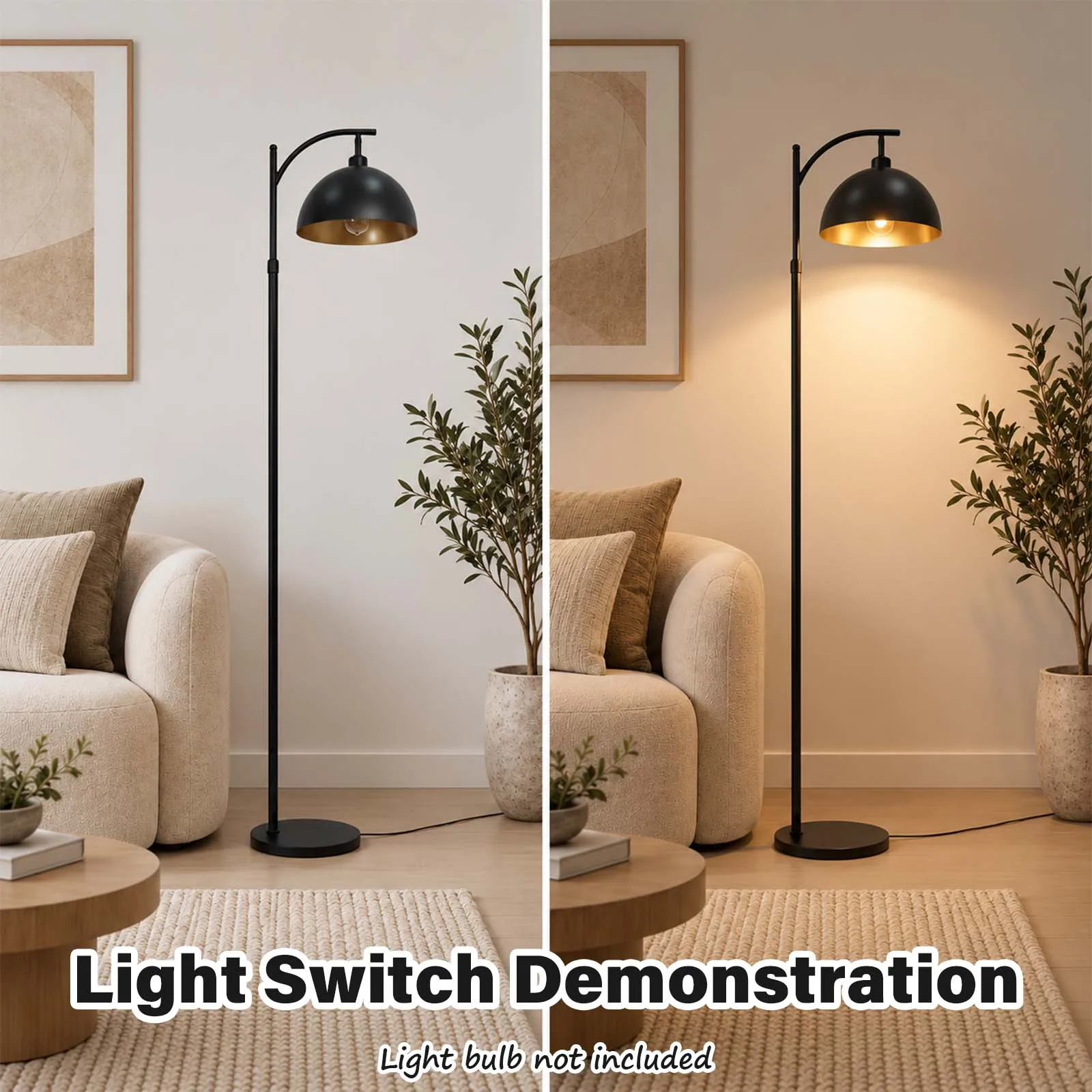 Minimalist Floor Lamp, Black Dome Shade Curved Arm for Living Room Sofa Corner