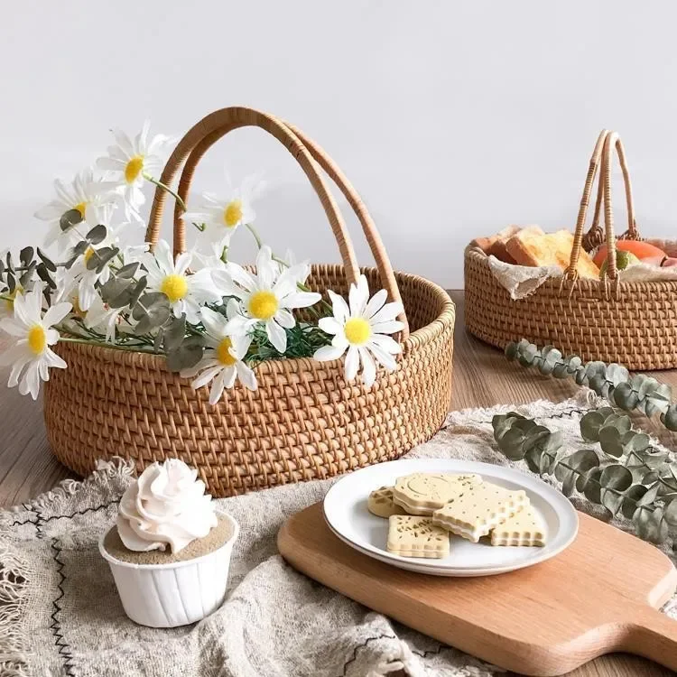 Rattan woven creative round portable vegetable basket household fruit basket