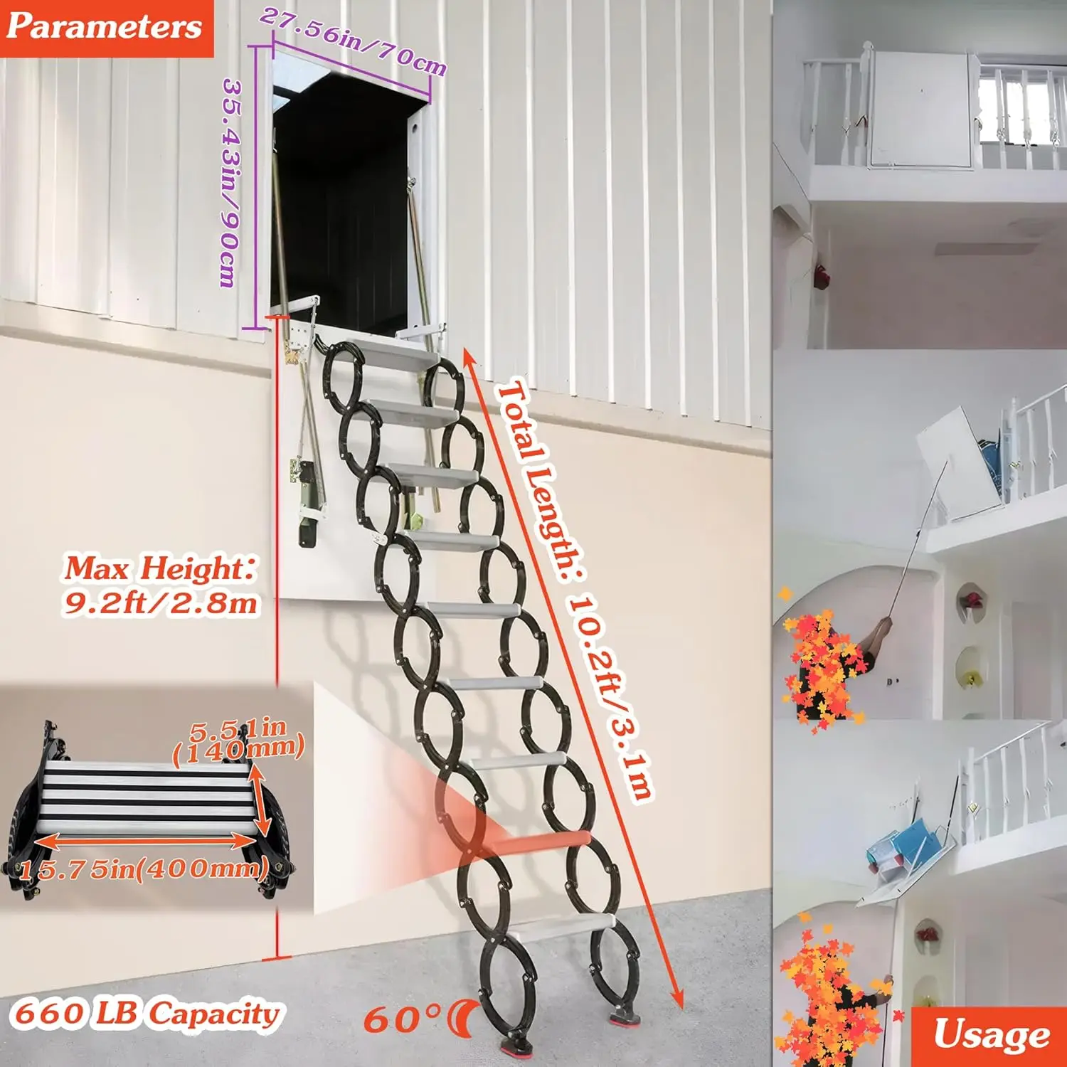 Intsupermai Attic Loft Ladder Stairs Side-Mounted Black Folding Loft Ladder Stairs Attic Extension Ladder Max 9.2Ft Height 11