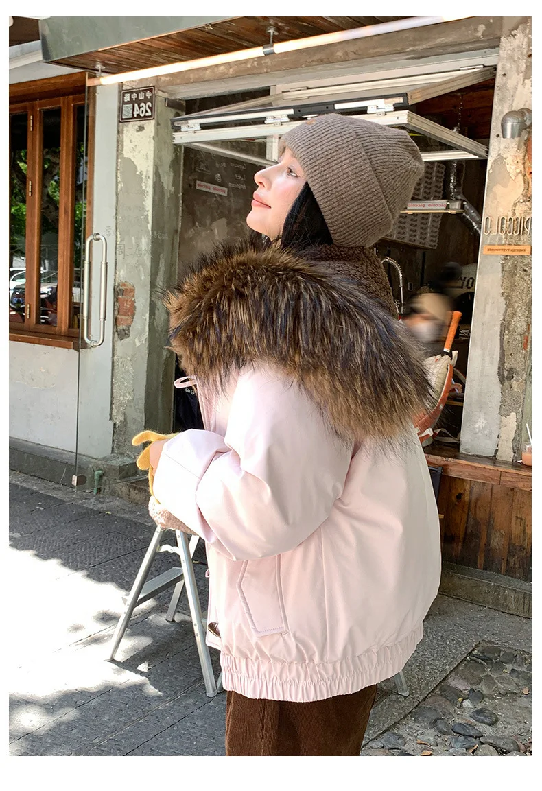 New Cotton Coat Cow Horn Buckle Short Style Overcoming Winter Cold Women.Down Cotton Jacket Women Big Fur Collar Winter Clothes
