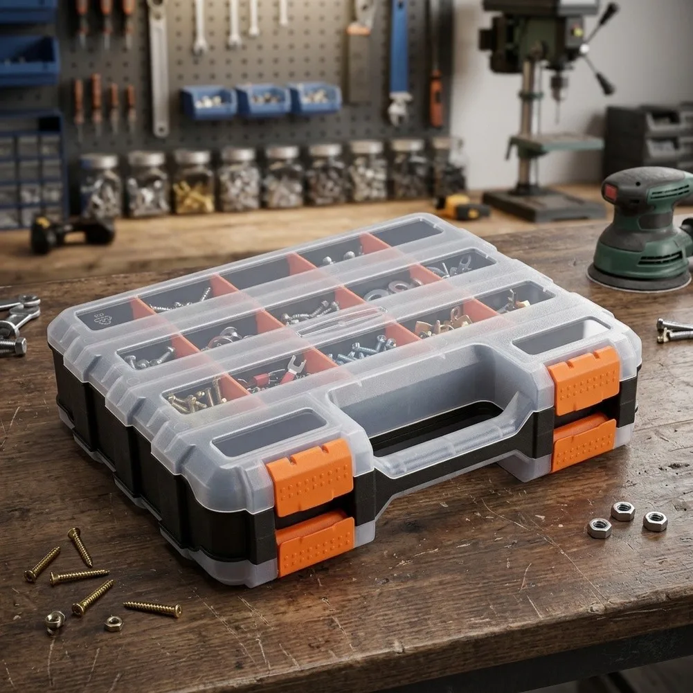 Double Sided Tools Organizer Box Adjustable Dividers Transparent Lids Storage Case For Small Parts Screws Hardware Workshop