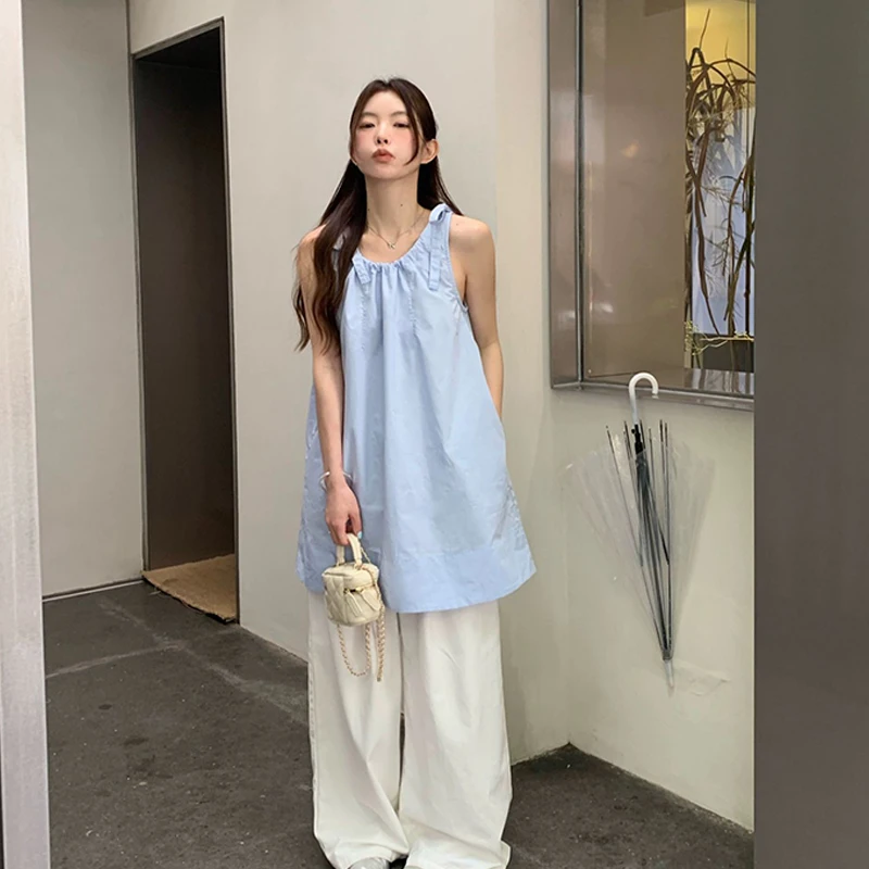 Frauen einfarbig ärmelloses Rundhals ausschnitt Sommer lässig gerade Tank Mini kleid